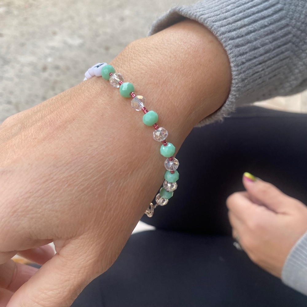 HOLA Letter Beaded Bracelet Mint Green, Clear & Metallic Pink Beads - Picture 4 of 6